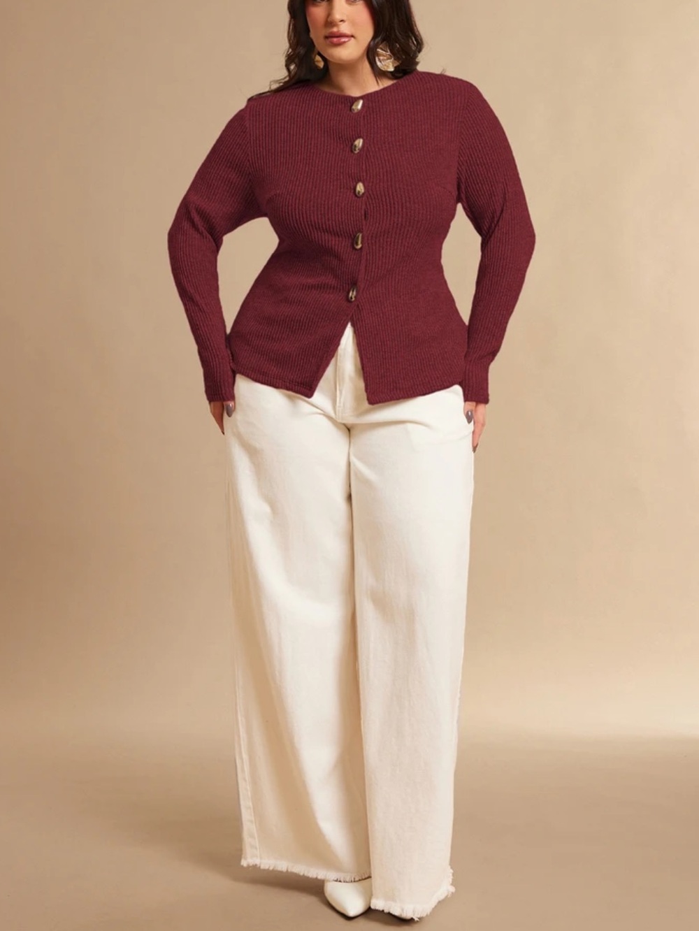 Burgundy Ribbed Button-Front Sweater - Picture 8 of 8